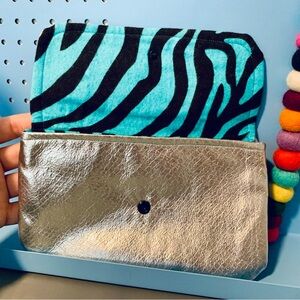 Silver Clutch w/Blue Zebra Print Interior - HANDMADE